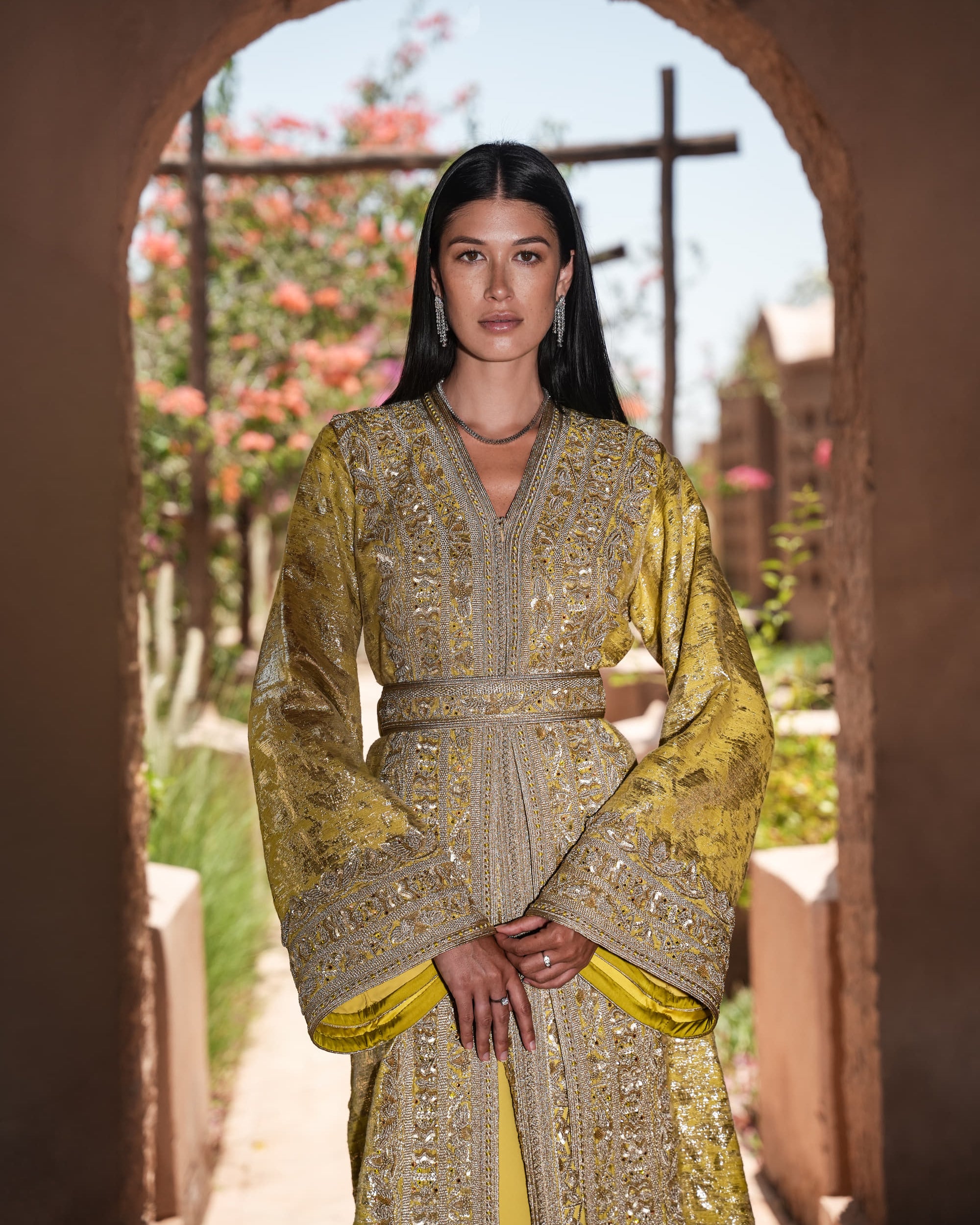 Citron Prelude anise yellow brocade lamé Moroccan kaftan with silver embroidery