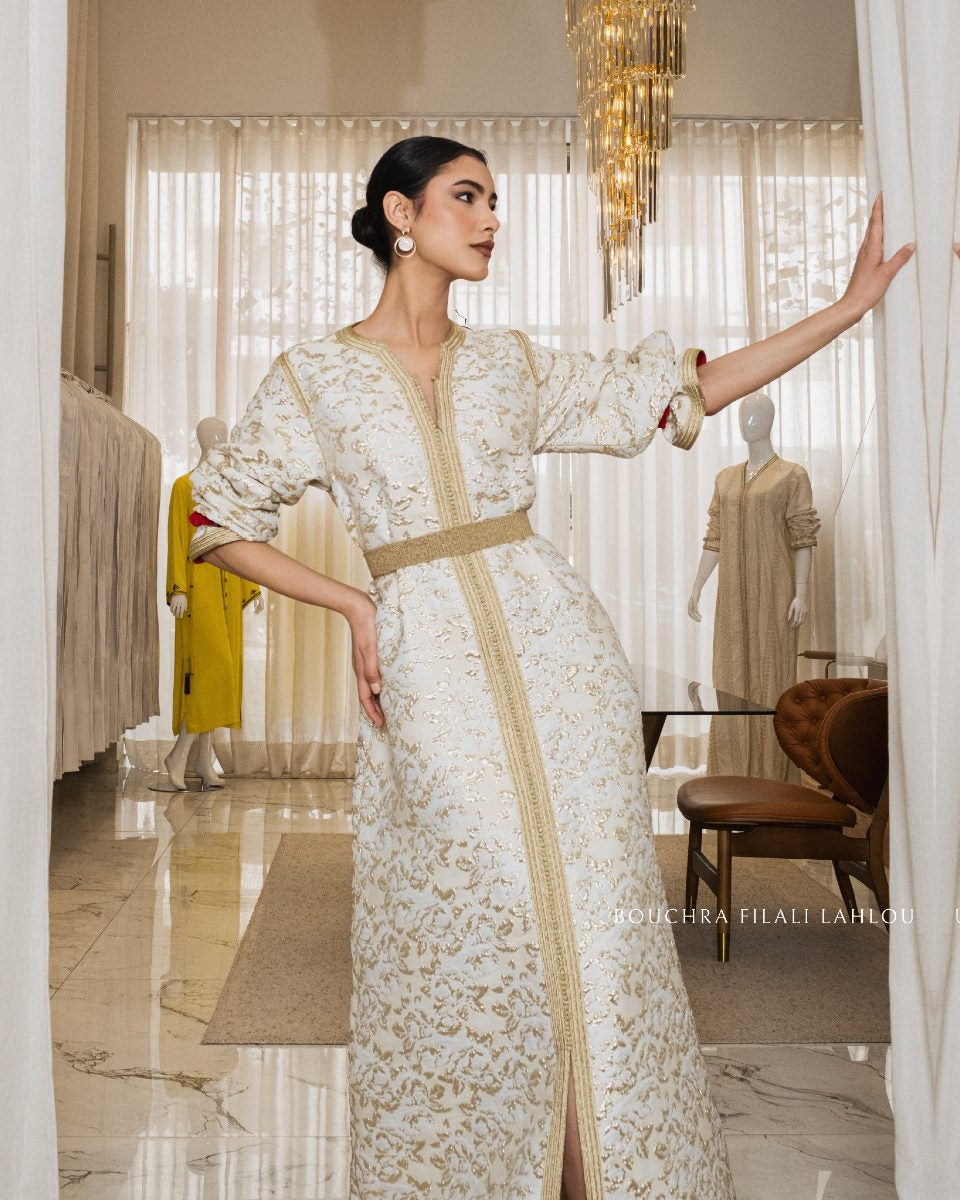 Ivory Dawn one-piece kaftan in ivory with gold embroidery, full-length front view