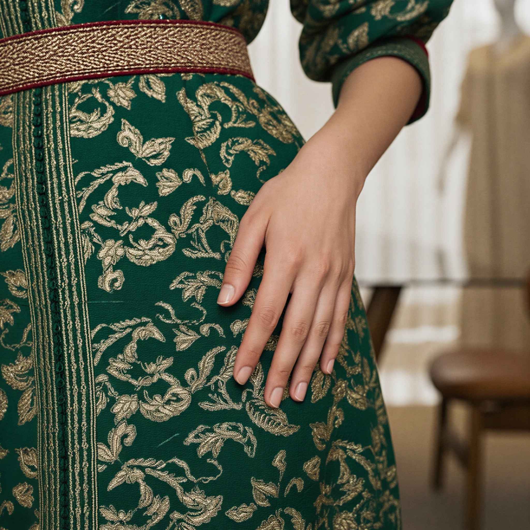 Ivory Dawn kaftan waist and sleeve embroidery detail in green and gold