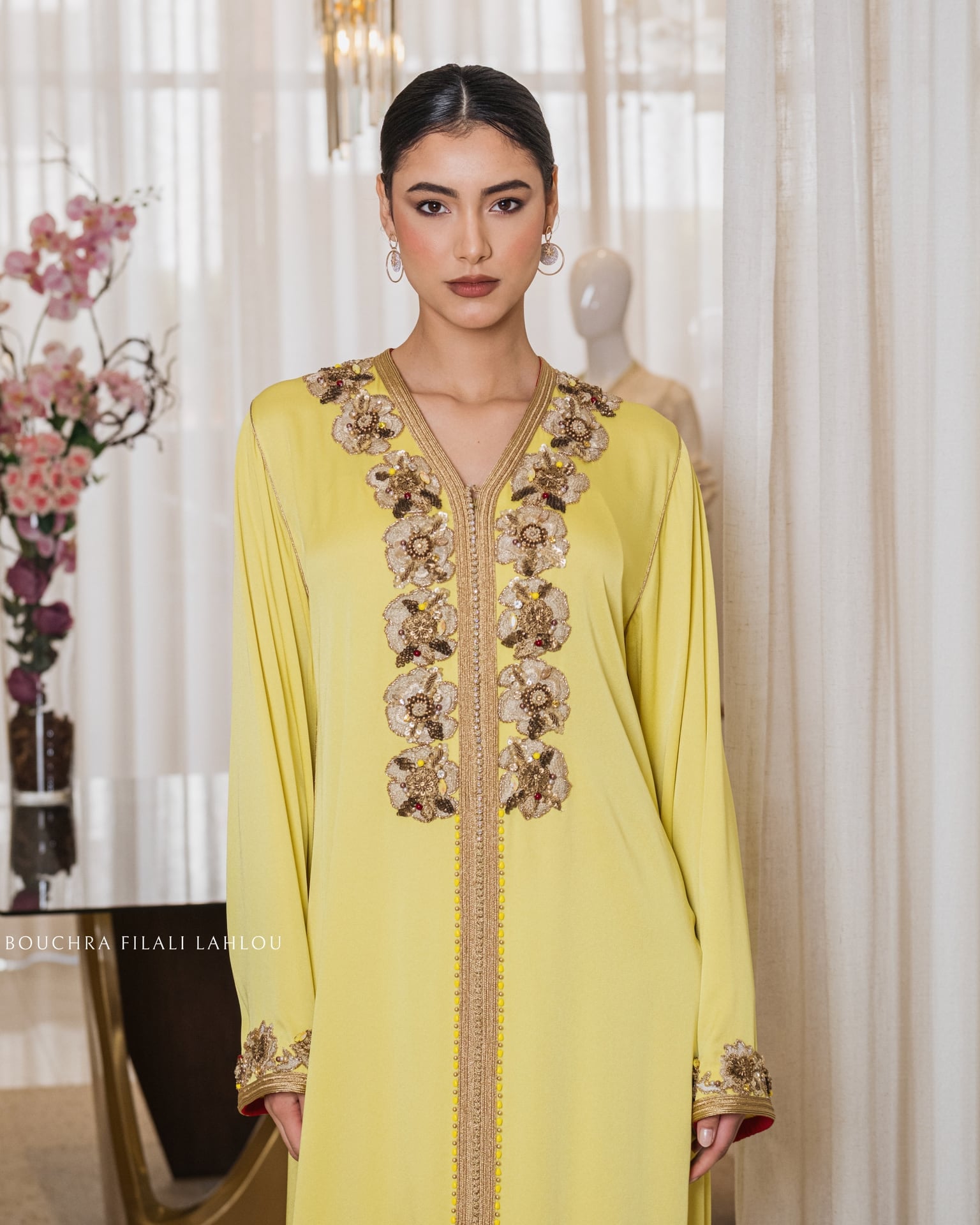 Primrose Trellis one-piece Moroccan caftan with brown and gold floral embroidery, full-length front view
