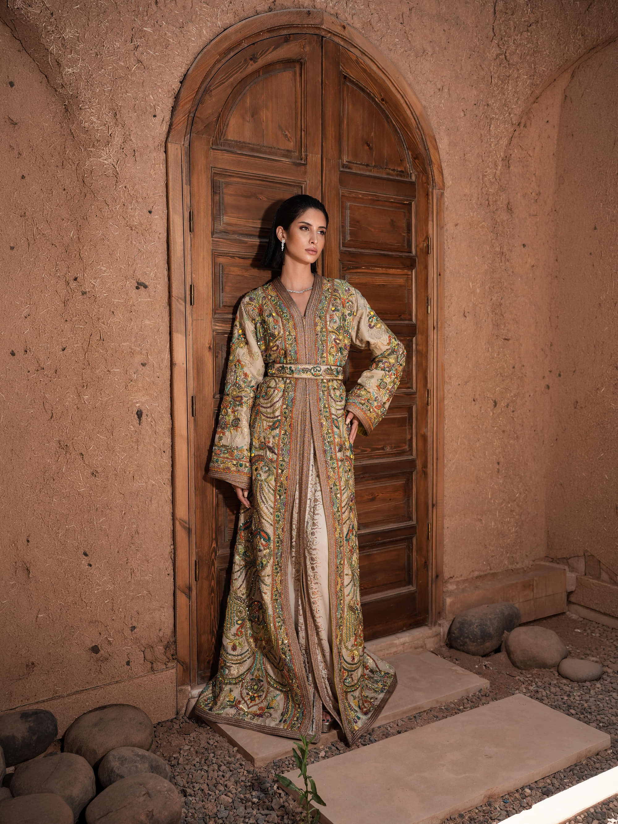 Mosaic Alcove beige silk Moroccan kaftan with polychrome beaded paisley embroidery in a Persian garden motif, full-length view