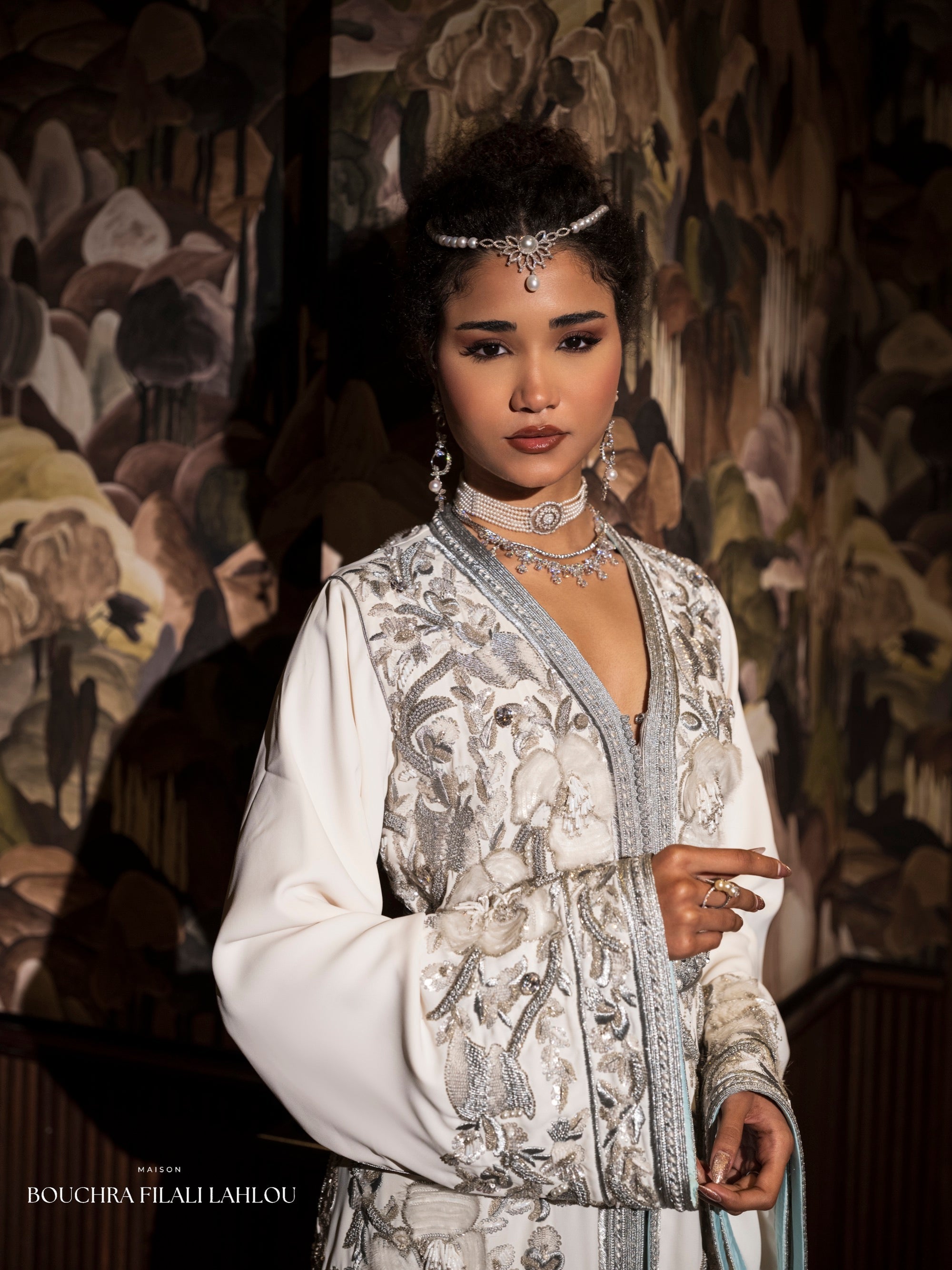 Full length ivory kaftan with metallic floral embroidery and refined wedding elegance