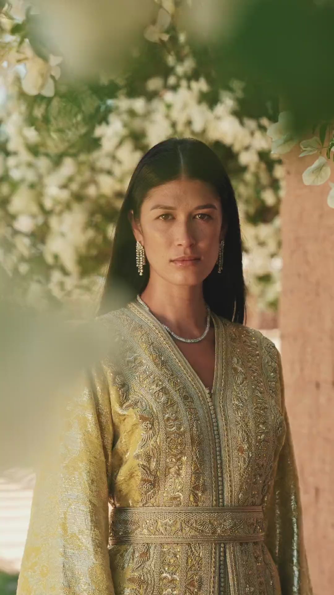 Citron Prelude anise yellow brocade lamé Moroccan kaftan with silver embroidery, in motion