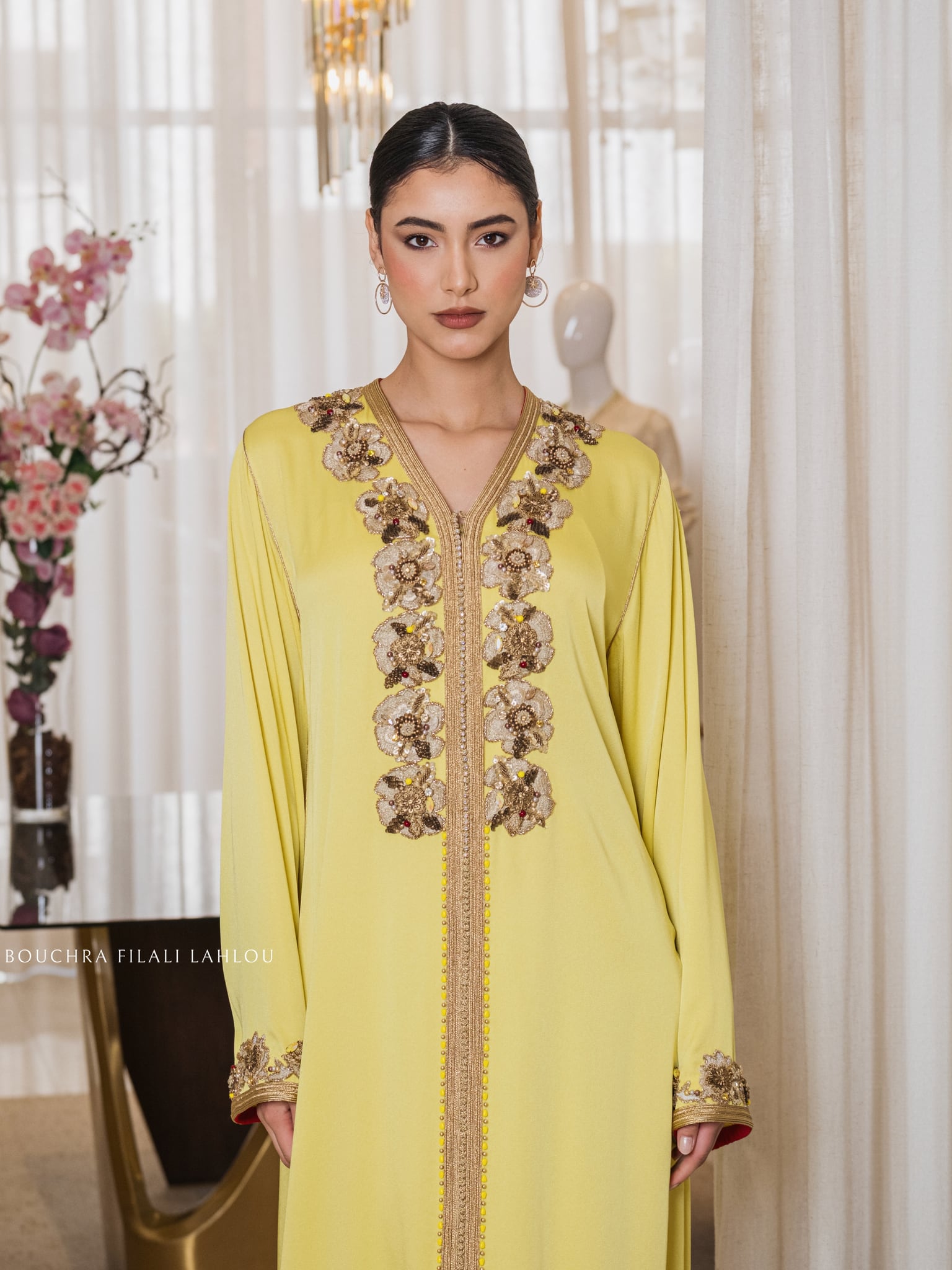 Primrose Trellis one-piece Moroccan caftan with brown and gold floral embroidery, full-length front view